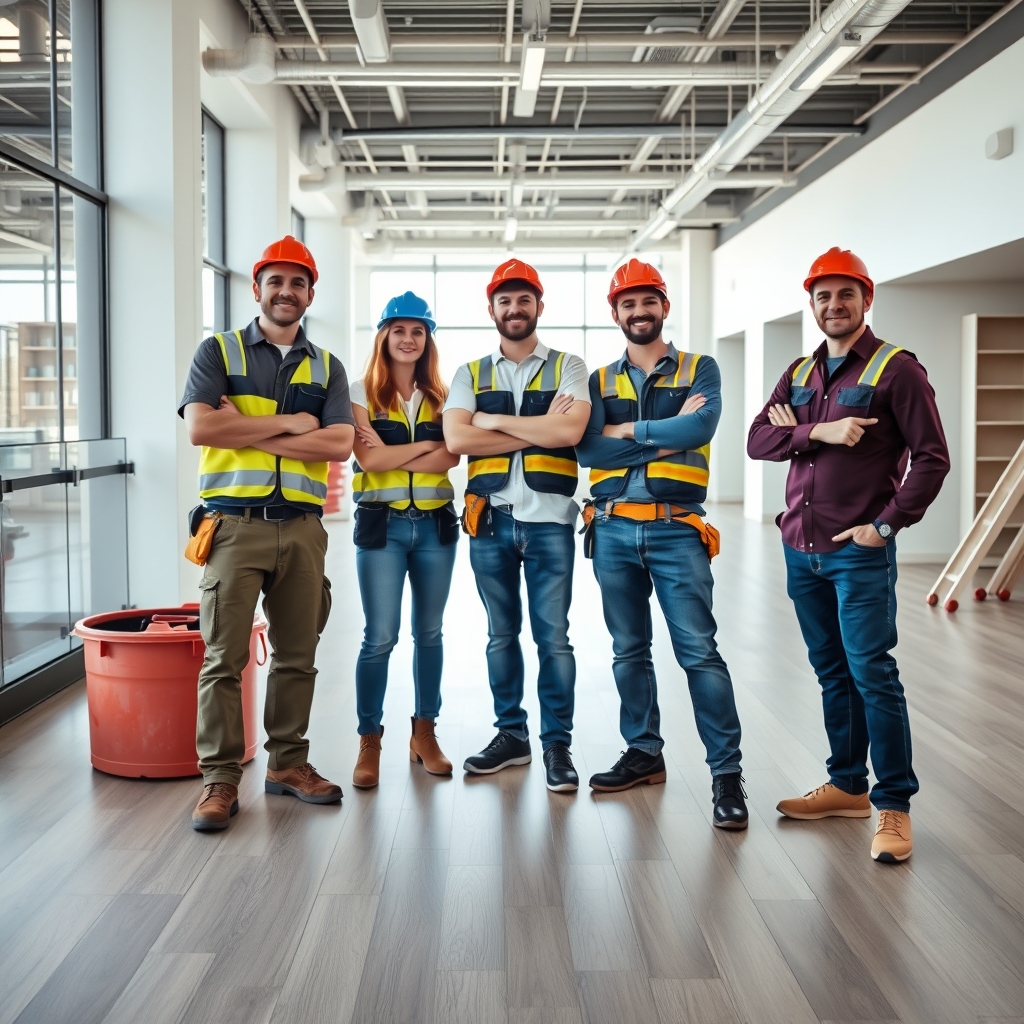 Installation crew preparing commercial flooring in a modern healthcare facility hallway