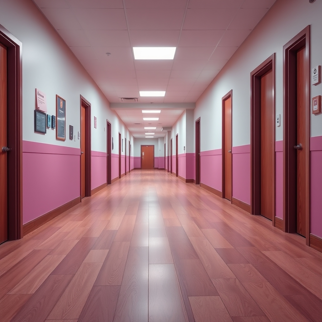 Student housing dormitory interior with wood-look vinyl flooring newly installed, residential hallway