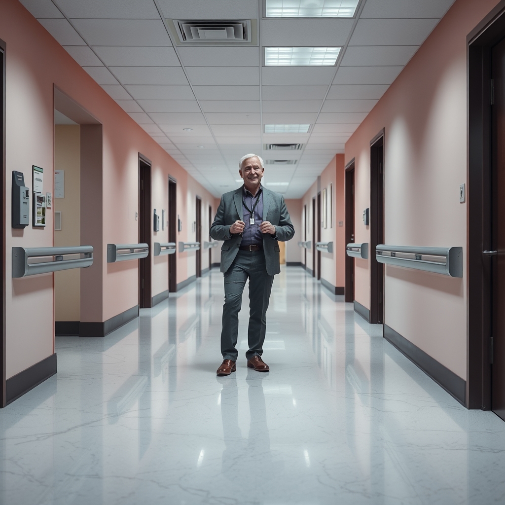 Senior property manager examining finished healthcare facility hallway with pristine quartz flooring
