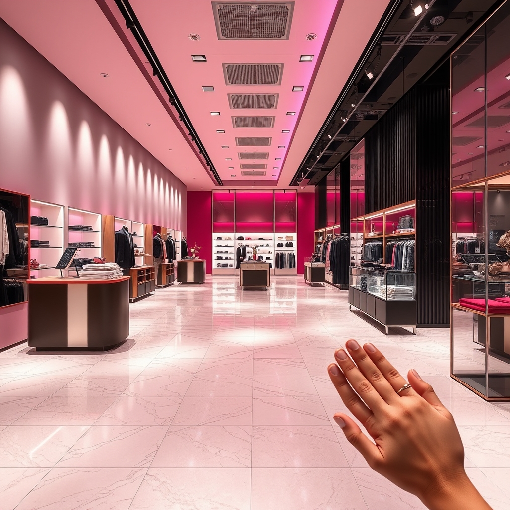 Modern retail boutique with elegant quartz tile flooring throughout the showroom space