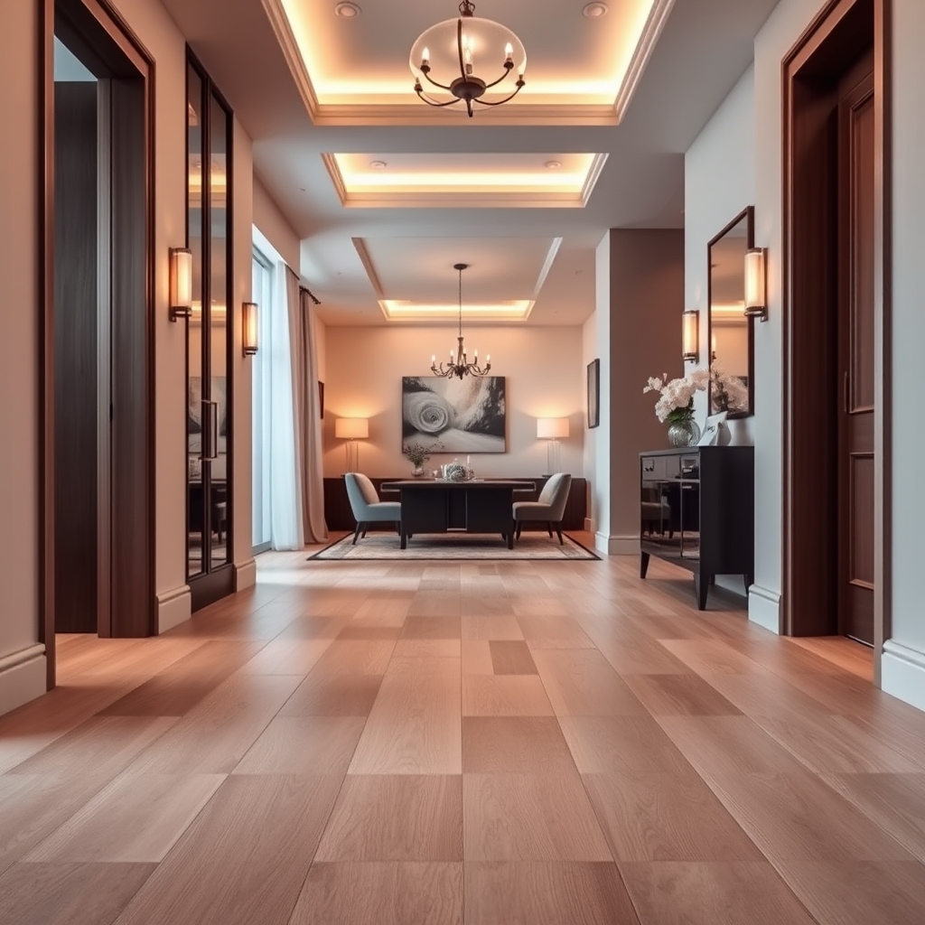Luxury vinyl plank flooring in modern entryway with elegant lighting