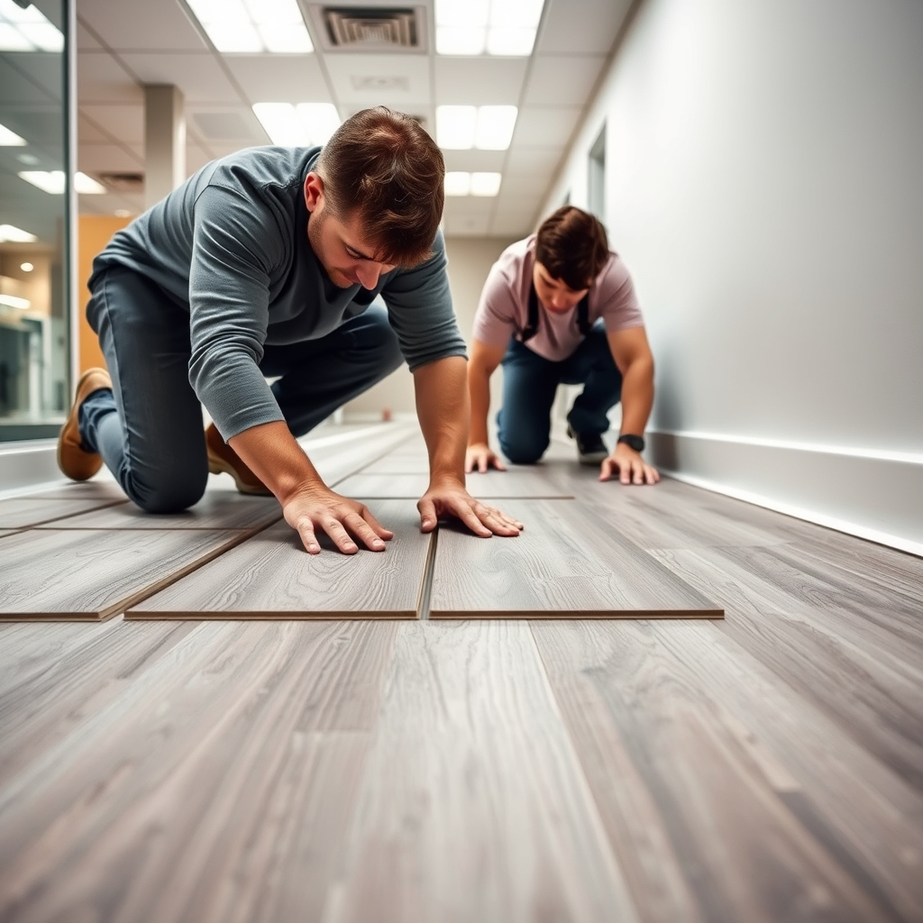 Two installers laying luxury vinyl planks across a commercial floor