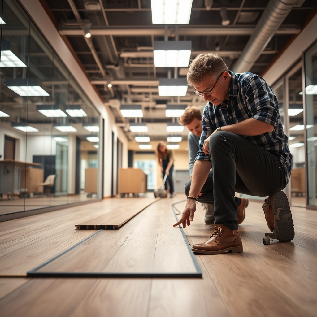 Commercial flooring installation crew carefully laying wood-look vinyl in a modern office space