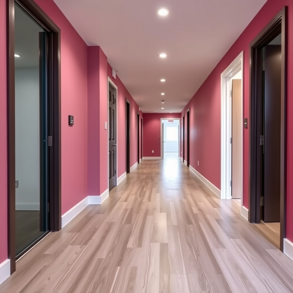 Modern apartment hallway with newly installed luxury vinyl flooring in wood-grain pattern