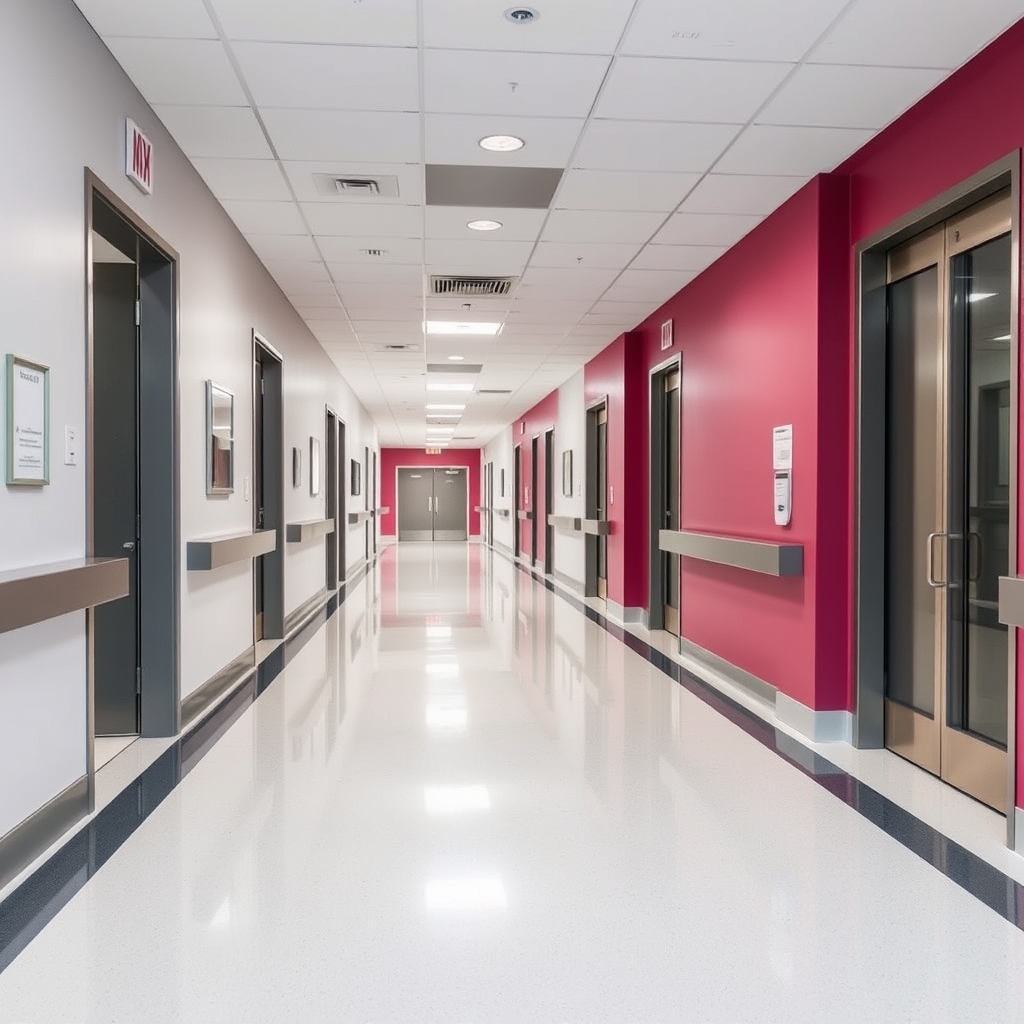Healthcare facility interior with new quartz floor tile installation complete, spacious clinical hallway, professional environment with modern finish